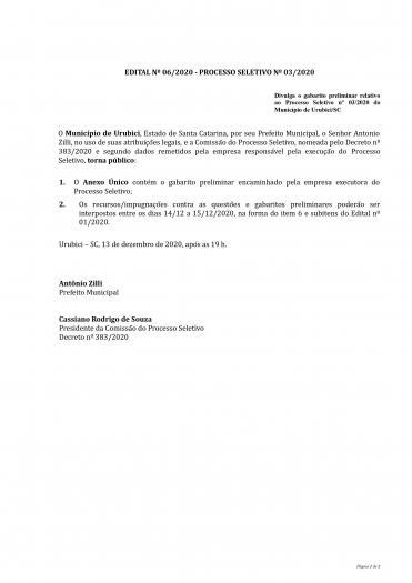 EDITAL Nº06/2020 - PROCESSO SELETIVO Nº03/2020 - GABARITO