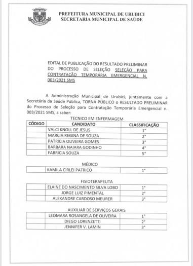 Resultado Preliminar de Chamamento n. 003/2021