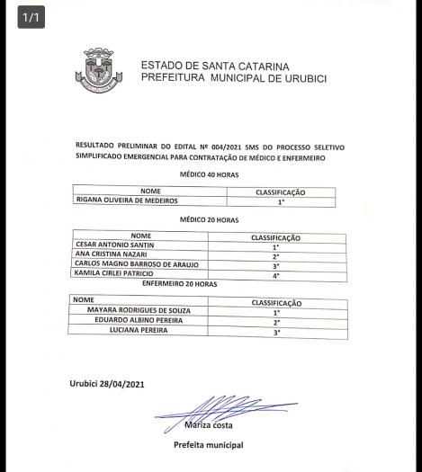 Resultado Preliminar do Edital Nº 004/2021
