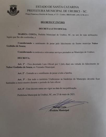 DECRETO Nº 2767/2021 - LUTO OFICIAL