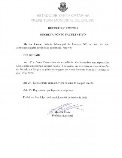 DECRETO Nº 2772/2021 PONTO FACULTATIVO DECRETO Nº 2772/2021 PONTO FACULTATIVO