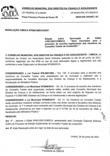 RESOLUÇÃO CMDCA Nº008/CMDCA/2021
